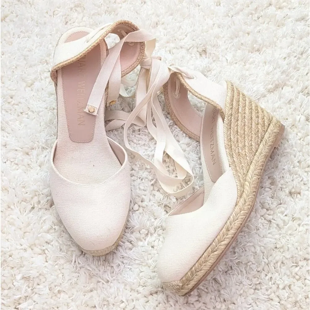 Stuart Weitzman Marguerita Wedge Espadrille Sandals Womens 11.5 White Woven - Picture 2 of 9